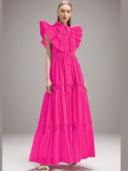 Flip Collar Edge Rose Embroidered Waist Maxi Dress New