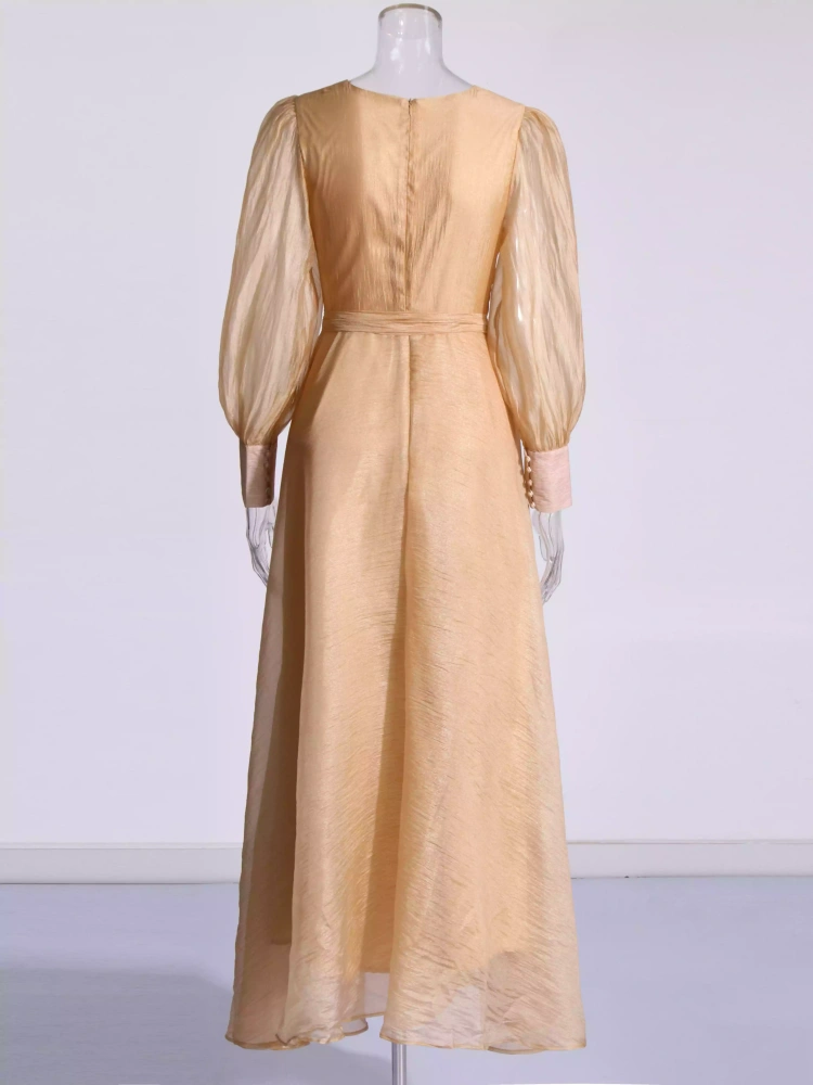 V Neck Lace Up Patchwork Bubble Sleeve  Maxi Dresses