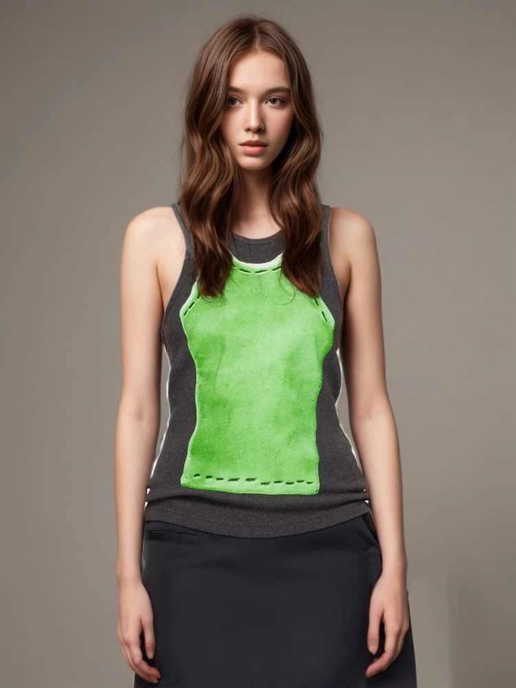 Green Printed Visual Contrast Vest New