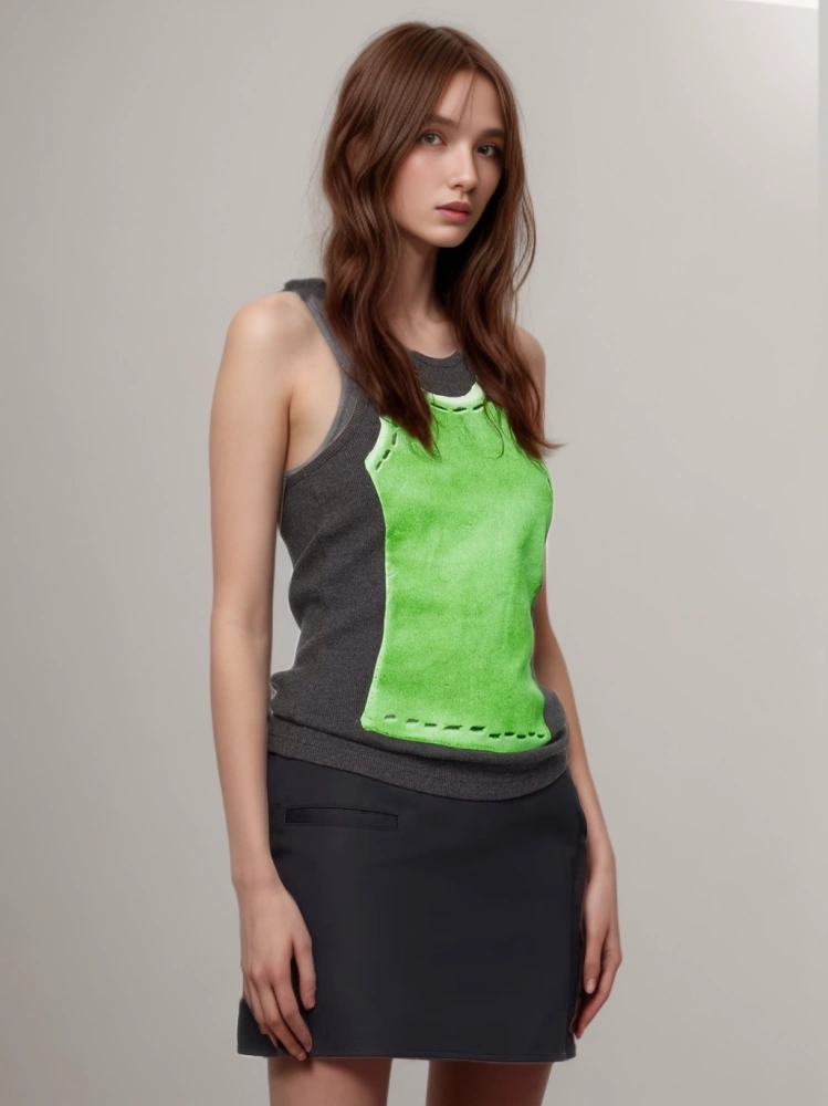 Green Printed Visual Contrast Vest New