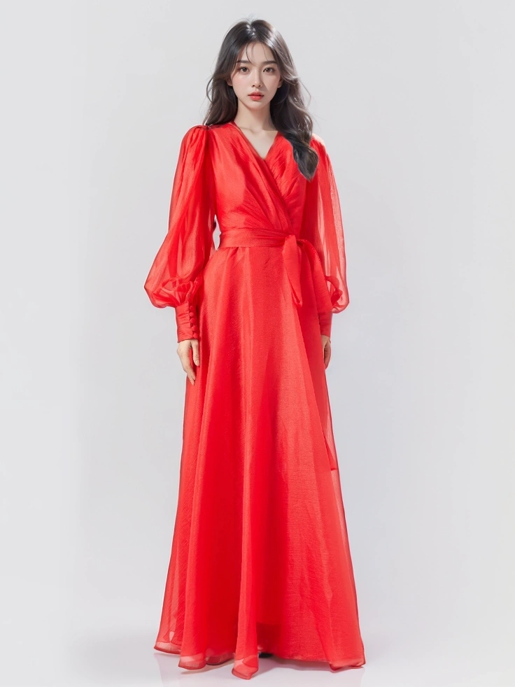 V Neck Lace Up Patchwork Bubble Sleeve  Maxi Dresses