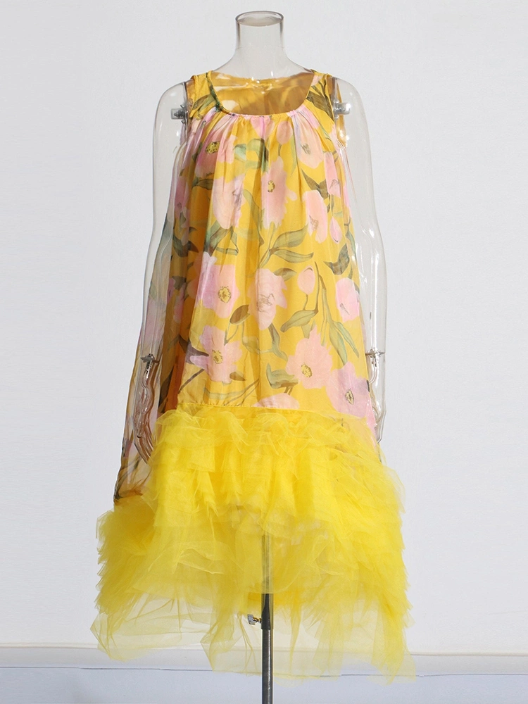 Printed Mesh Ruffled Loose Dresses New