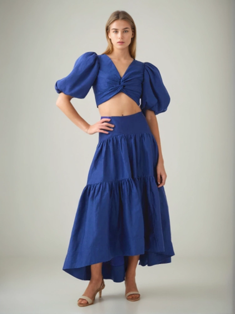 V Neck Bubble Sleeve Tops Two Piece Set New