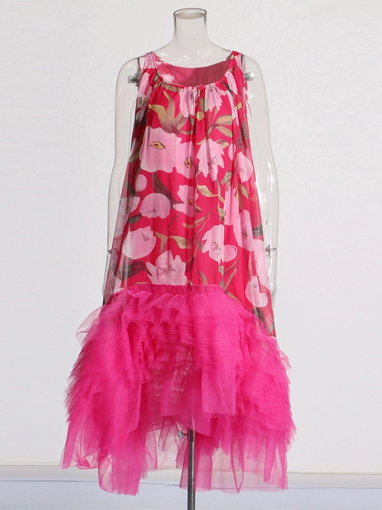 Printed Mesh Ruffled Loose Dresses New