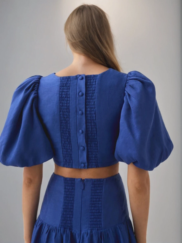 V Neck Bubble Sleeve Tops Two Piece Set New
