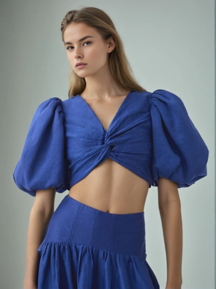 V Neck Bubble Sleeve Tops Two Piece Set New