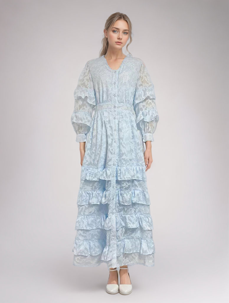 Ruffle Neck Puff Sleeve Crinkled Maxi Dress main image 1