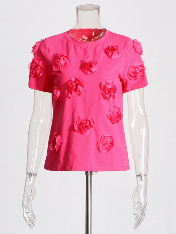 3D Rose Design Round Neck T-shirt