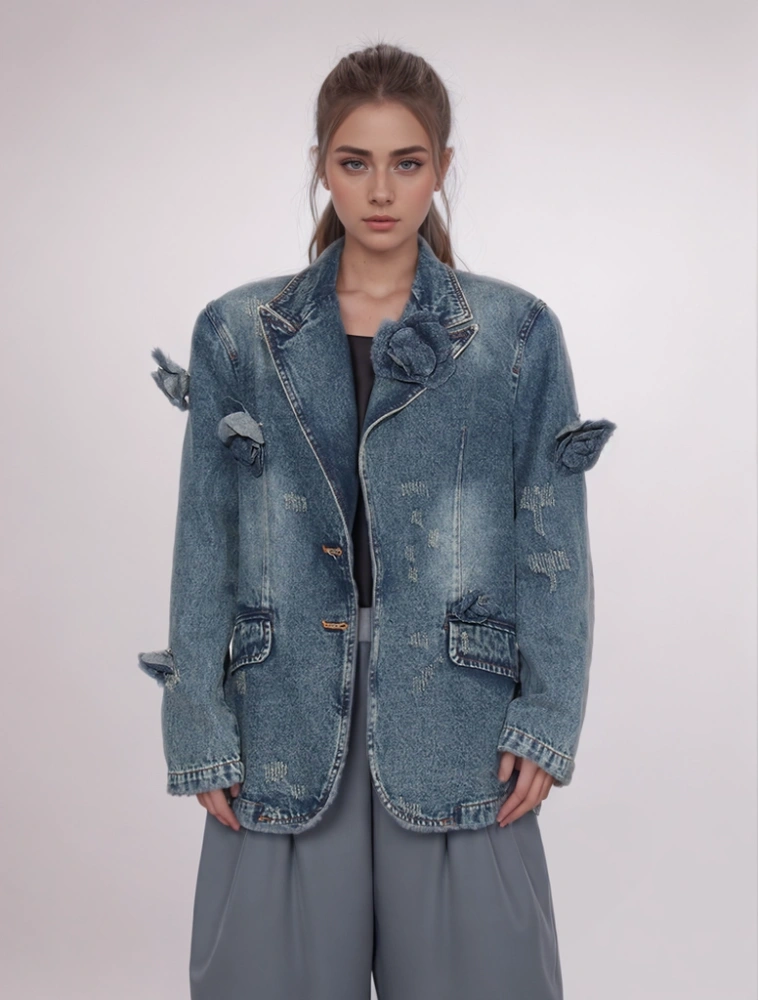 3D Floral Blue Denim Suit Jacket New