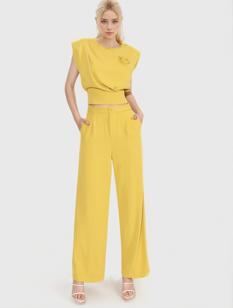 V Neck Bubble Sleeve Tops Two Piece Set New