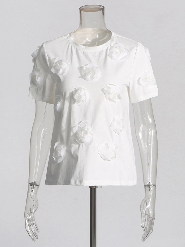 3D Rose Design Round Neck T-shirt