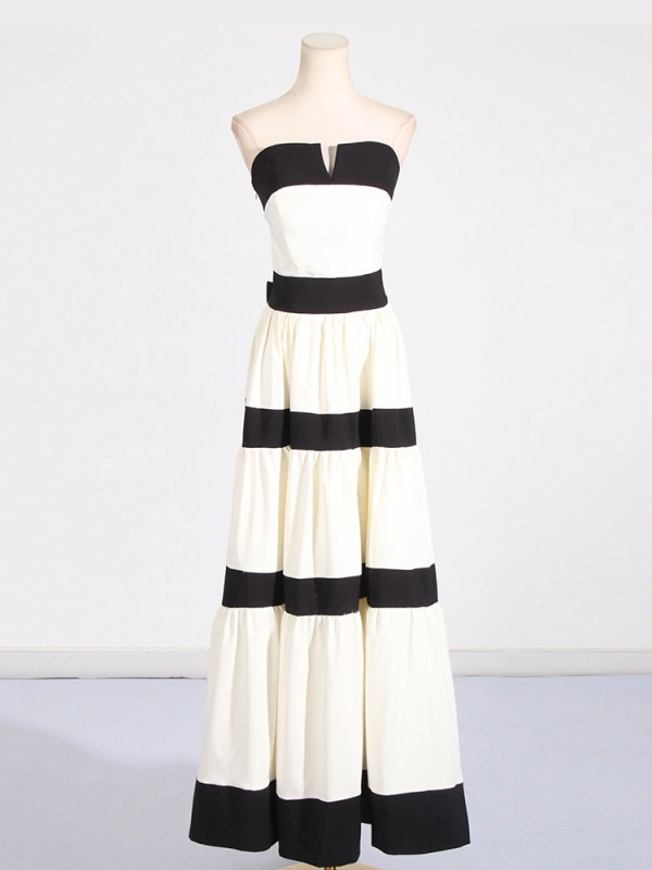 Strapless Striped Bow Decorated Maxi Dresses New