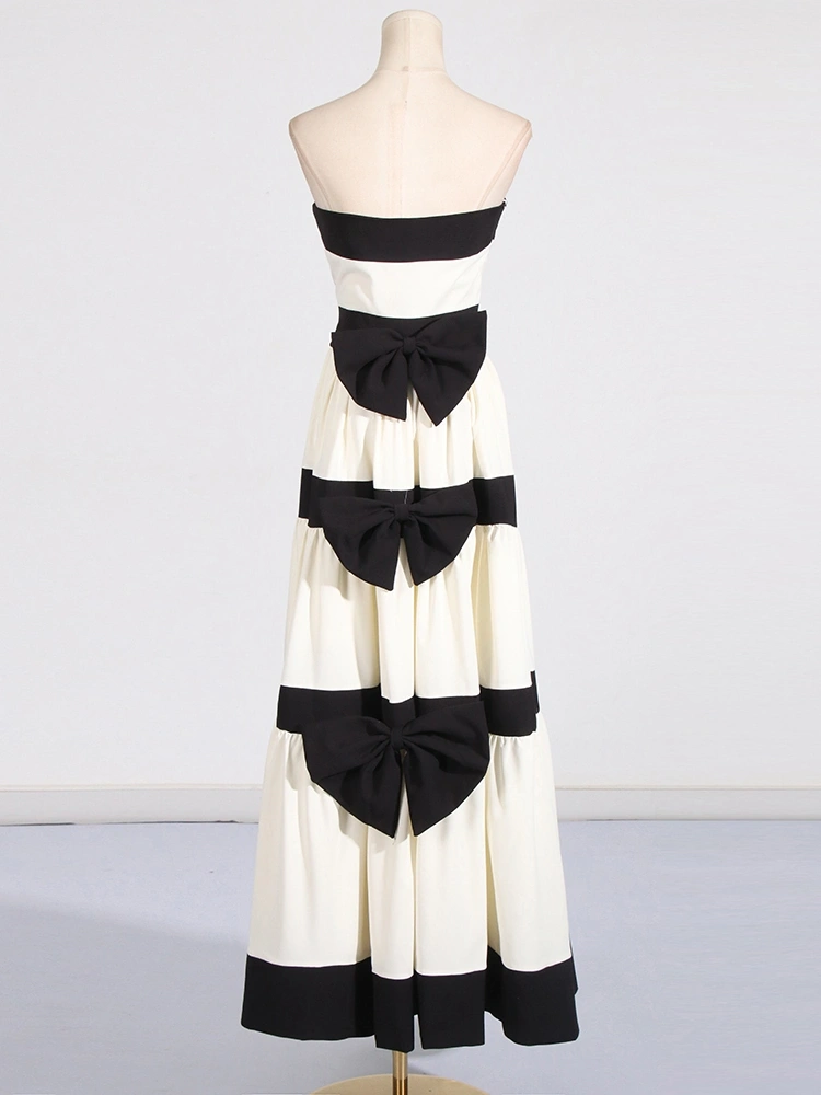 Strapless Striped Bow Decorated Maxi Dresses New
