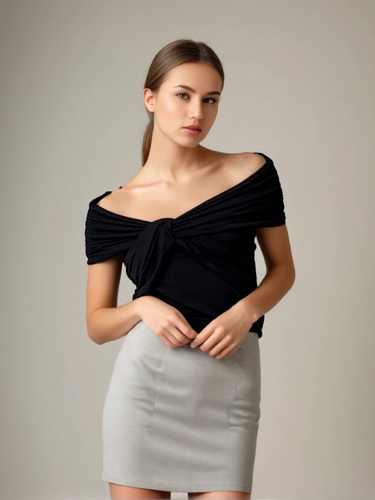 Cross Pleated V Neck Off Shoulder Short Sleeve T-shirt New