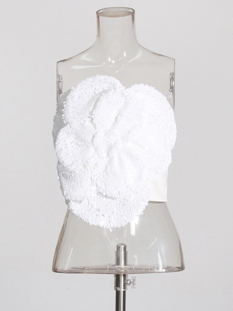 Sequin Embellished Floral Strapless Top Vest New