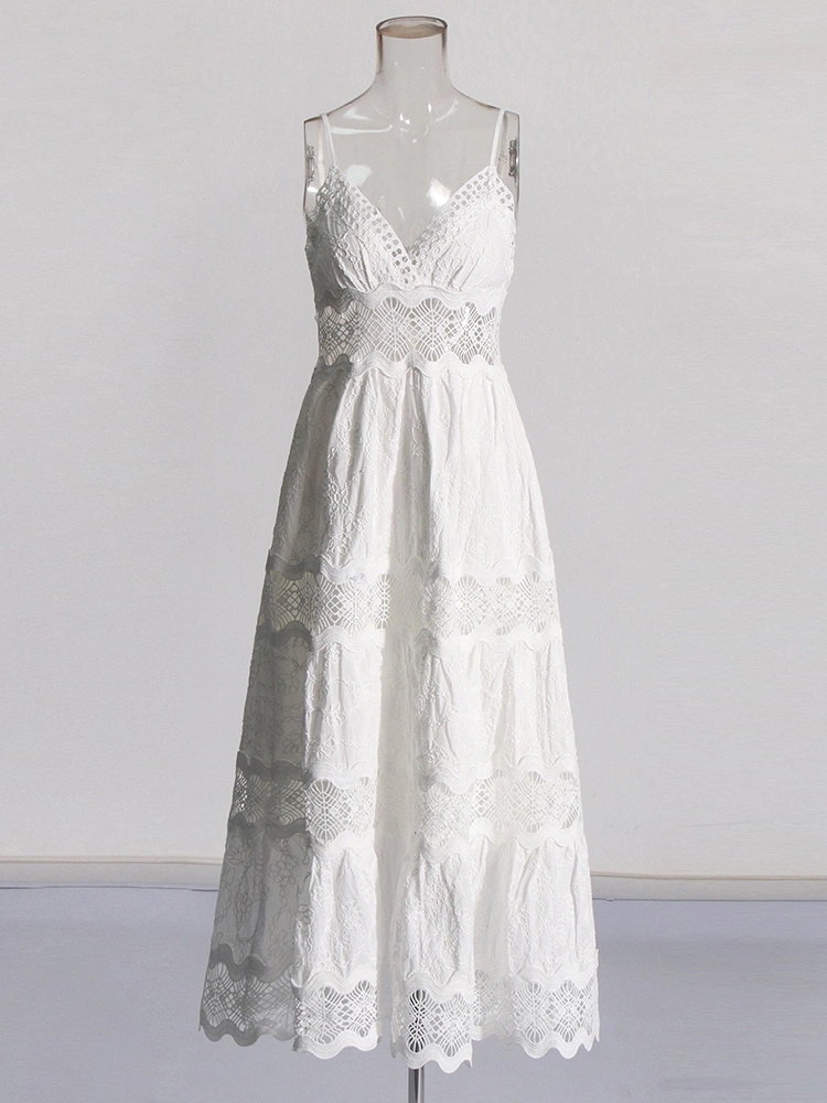 Suspended Strapless Embroidered Lace Hollow Out Maxi Dress New