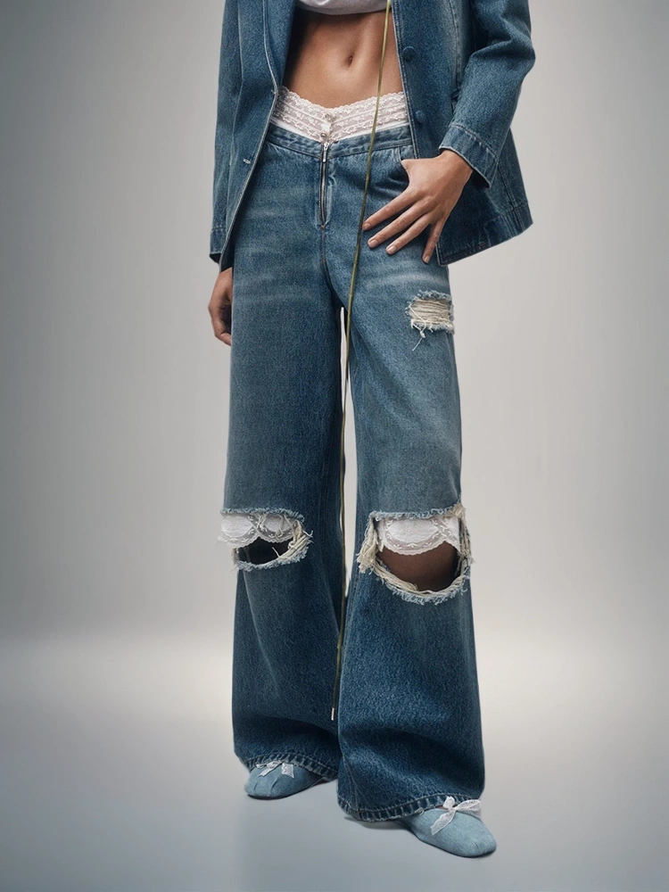 High Waist Torn Lace Edge Jeans New