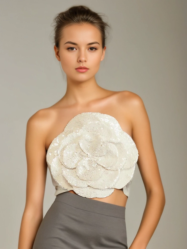 Sequin Embellished Floral Strapless Top Vest New
