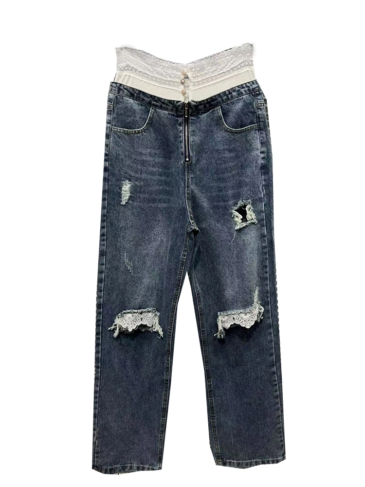 High Waist Torn Lace Edge Jeans New