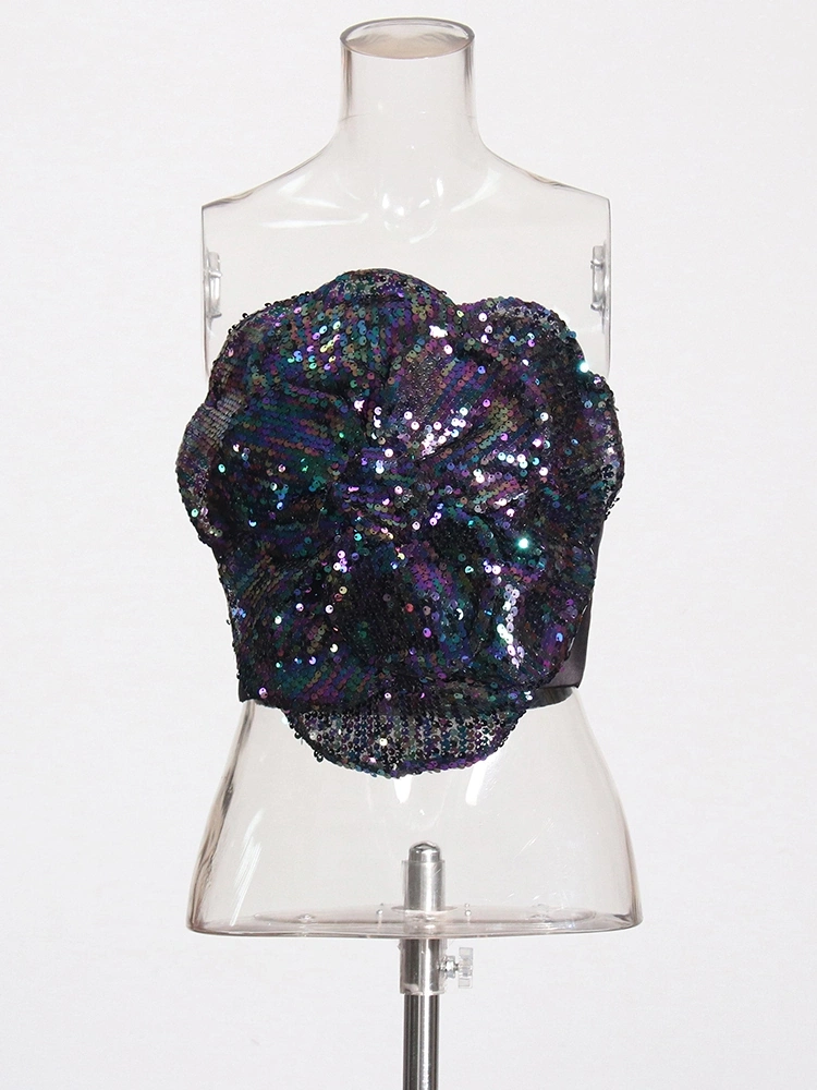 Sequin Embellished Floral Strapless Top Vest New