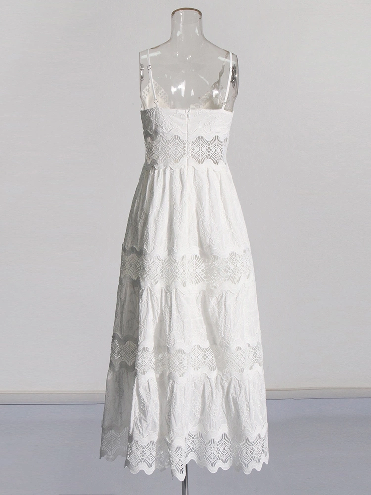 Suspended Strapless Embroidered Lace Hollow Out Maxi Dress New