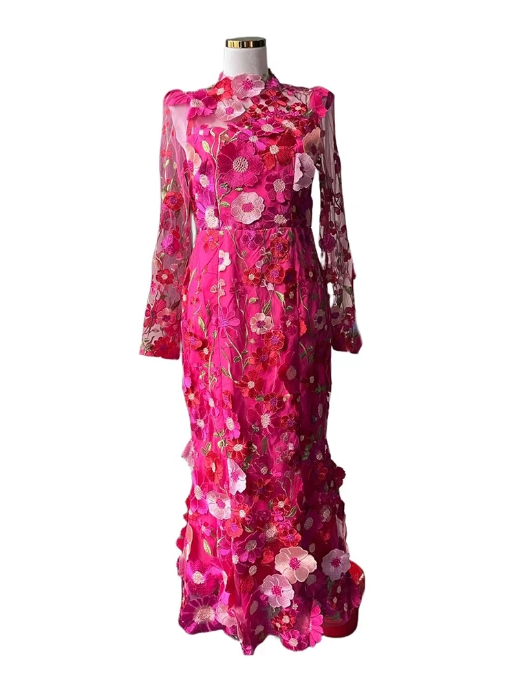 Colorful Flower Round Neck Long Sleee High Waist  Maxi Dresses New