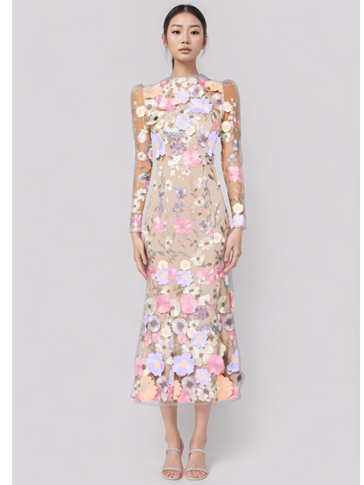 Colorful Flower Round Neck Long Sleee High Waist  Maxi Dresses New