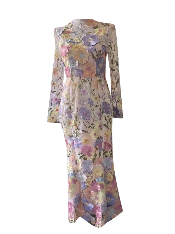 Colorful Flower Round Neck Long Sleee High Waist  Maxi Dresses New