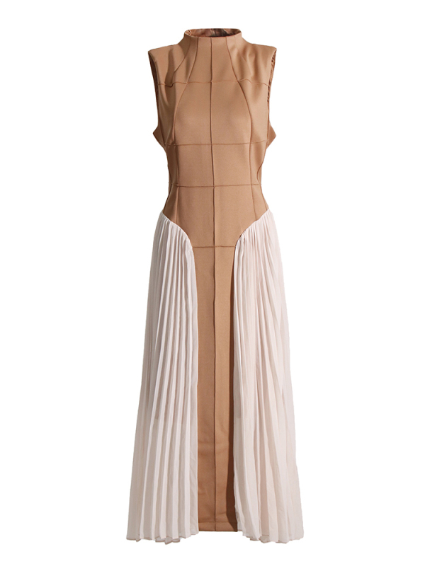 Sleeveless Pleated Lines Slim Women Dress