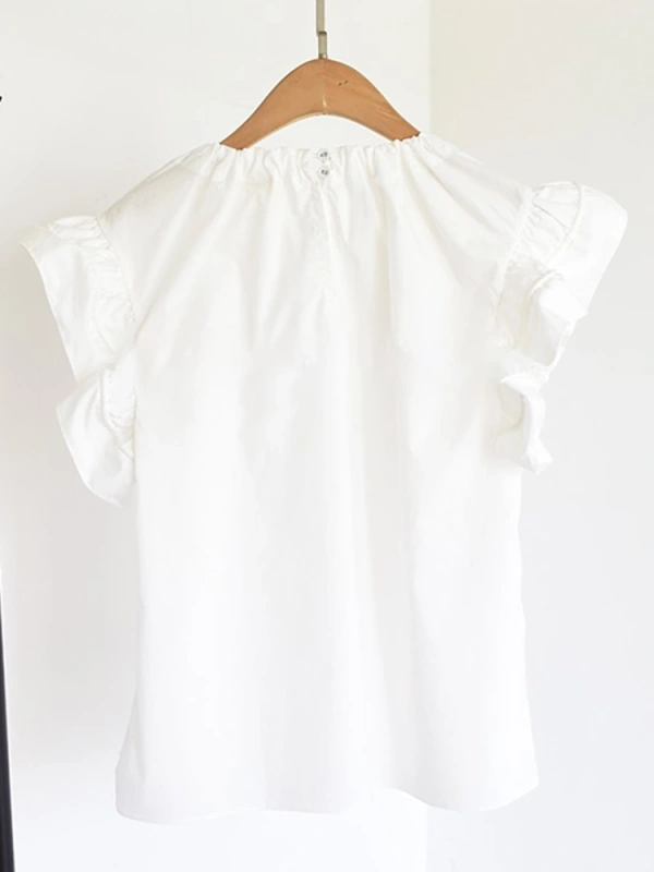 Flower Ruffle Edge Sleeve Cotton Short Sleeve Shirt