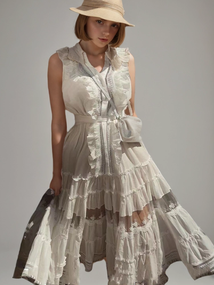 Sleeveless Ruffle V Neck Patchwork Lace Hollow Maxi Dresses New