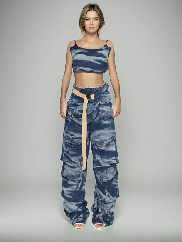 Strap Tie Dye Denim Two Piece Set New