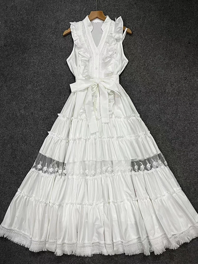 Sleeveless Ruffle V Neck Patchwork Lace Hollow Maxi Dresses New