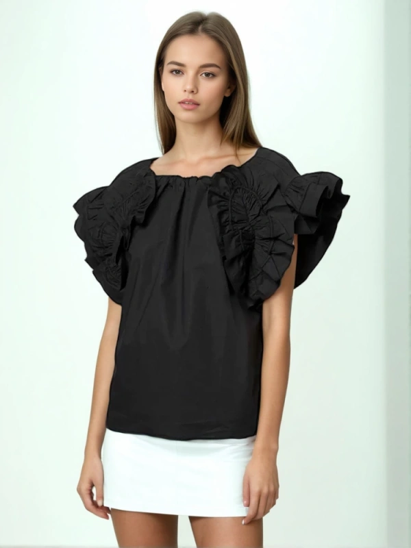 Flower Ruffle Edge Sleeve Cotton Short Sleeve Shirt