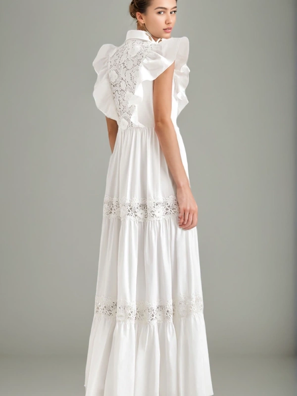 Ruffle Edge Sleeve Embroidered Flip Collar Maxi Dresses New