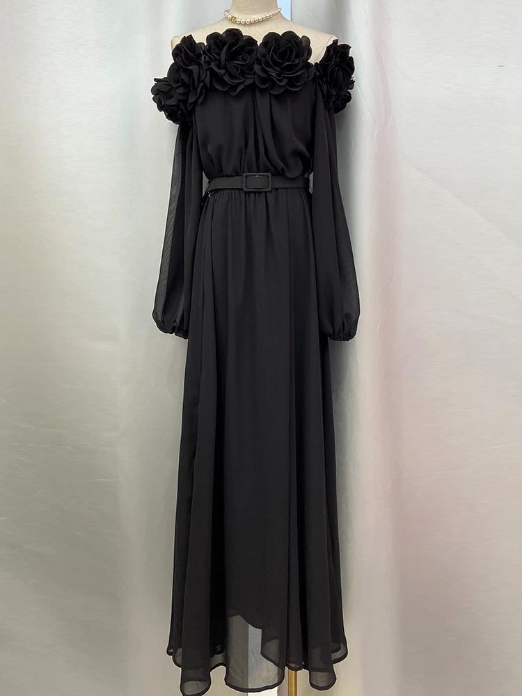 3D Floral Sexy One Shoulder Latern Sleee Maxi Dresses New