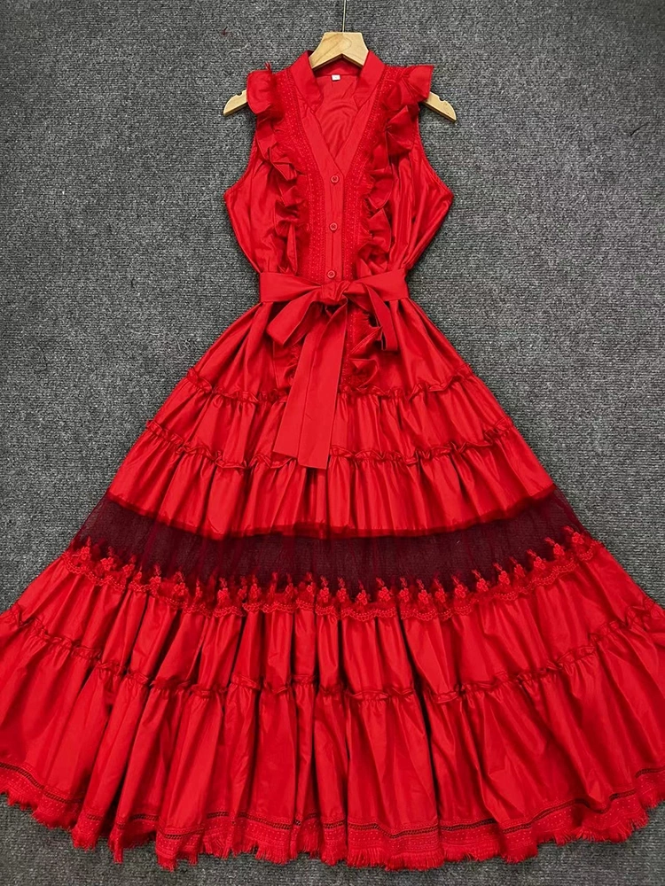 Sleeveless Ruffle V Neck Patchwork Lace Hollow Maxi Dresses New