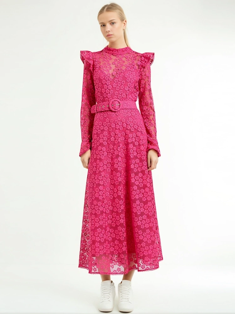 Stand Collar Printing Mesh Long Sleeve Dresses New