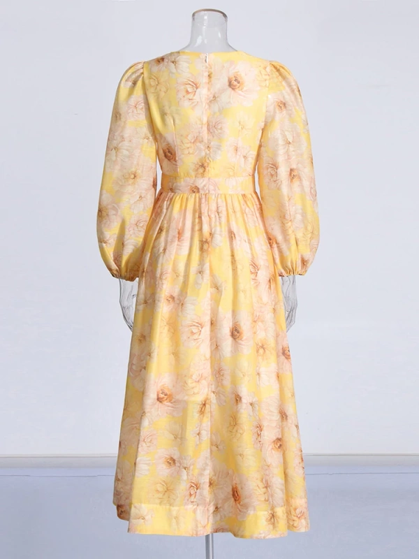 Deep V Neck Latern Sleeve Yellow Printing Dresses New