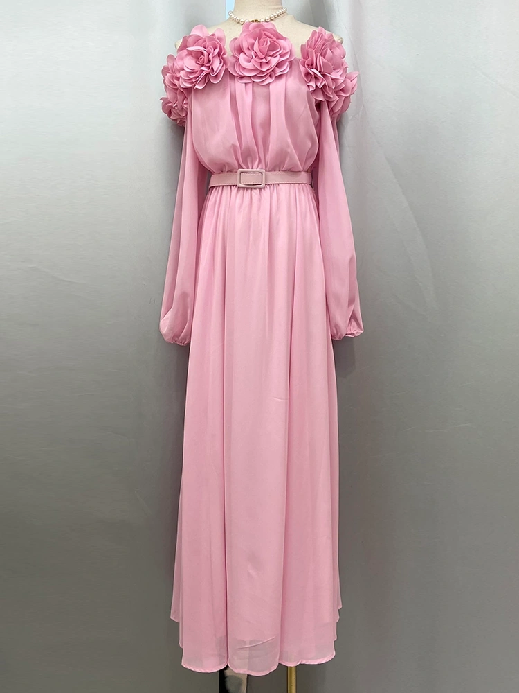 3D Floral Sexy One Shoulder Latern Sleee Maxi Dresses New