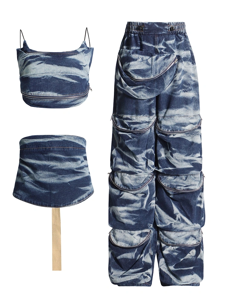 Strap Tie Dye Denim Two Piece Set New