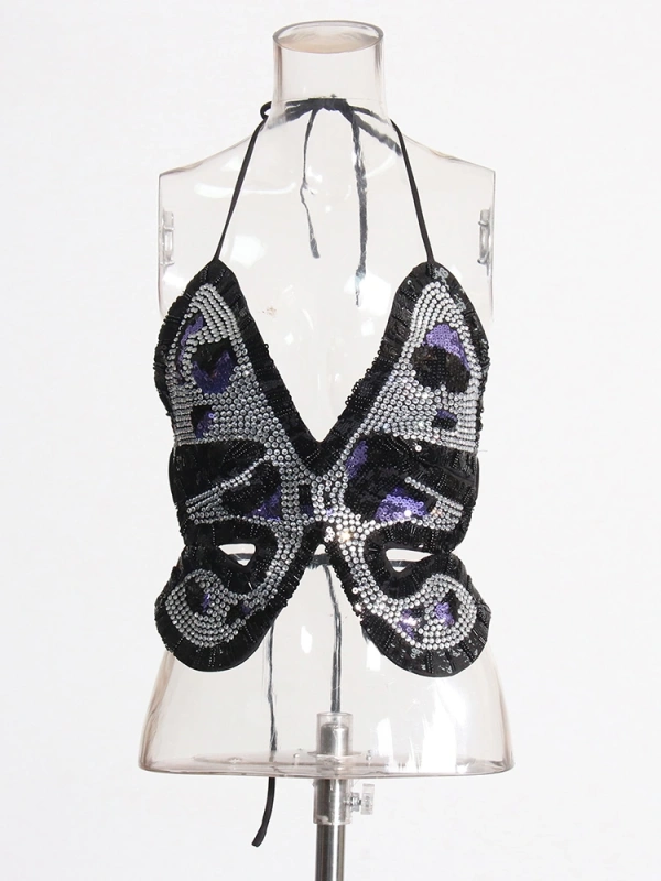 Butterfly Patterned Crystal Decorative Sequin Vest Top New