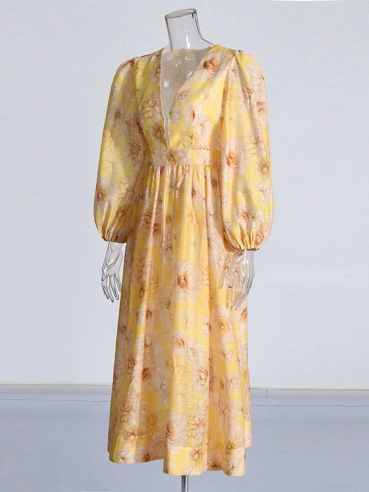 Deep V Neck Latern Sleeve Yellow Printing Dresses New