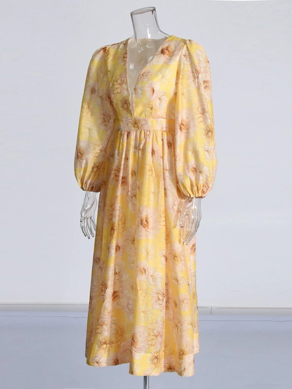 Deep V Neck Latern Sleeve Yellow Printing Dresses New