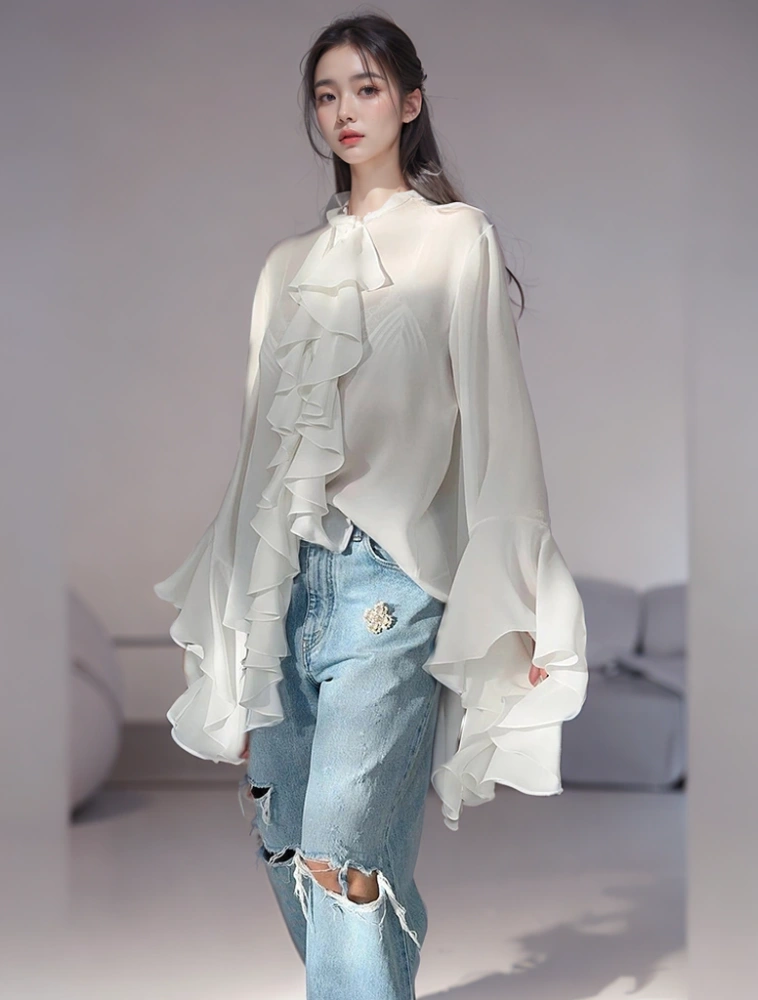 Round Neck Flared Sleeve Chiffon  Leaf  Shirt New