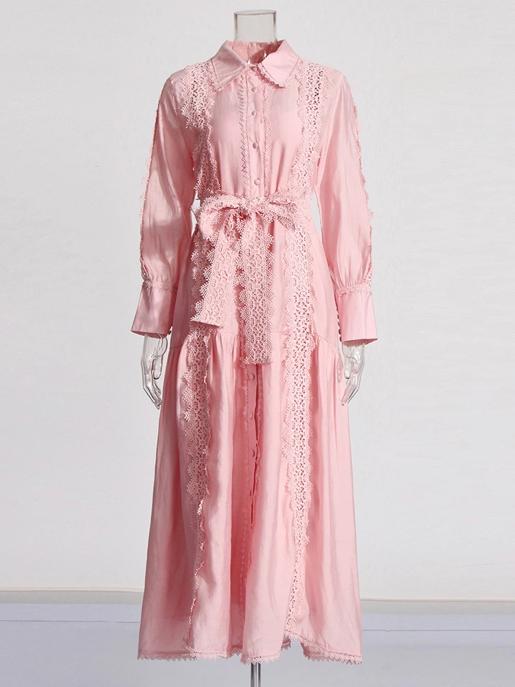 Flip Collar Single Breasted  Tied Lace  Long Sleeve Dresses New