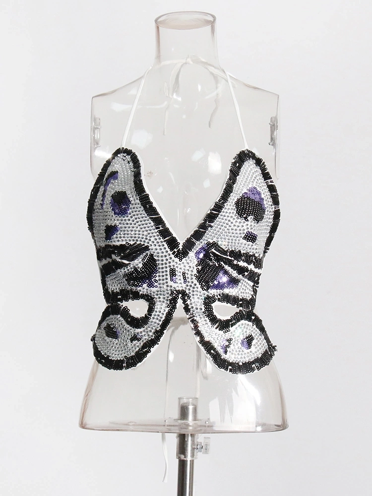Butterfly Patterned Crystal Decorative Sequin Vest Top New