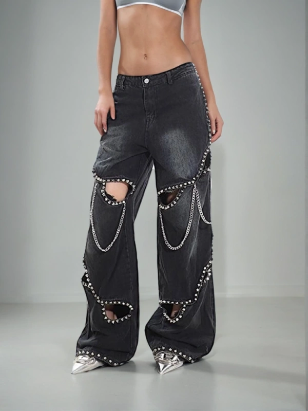 Metal Chain Hollow Out Design Jean Pants New