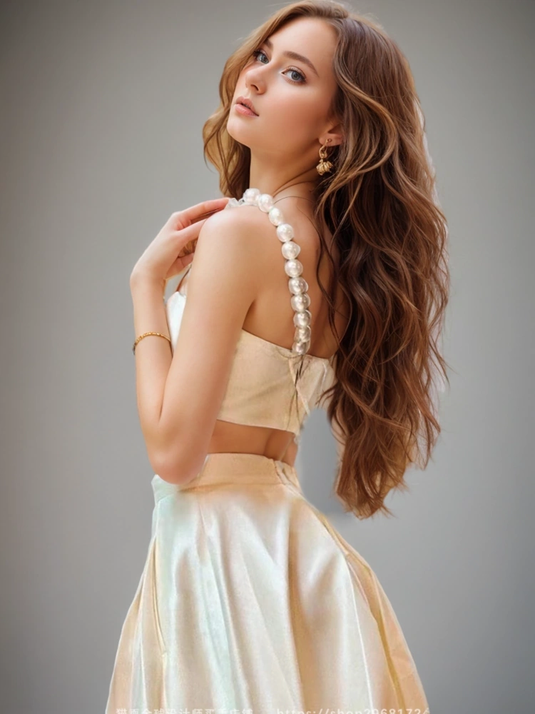 Pearl Shoulder Strap High Waist Two Piece Set New