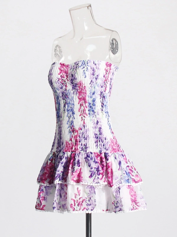 Printing Strapless  Ruffled  Flower Mini Dresses New
